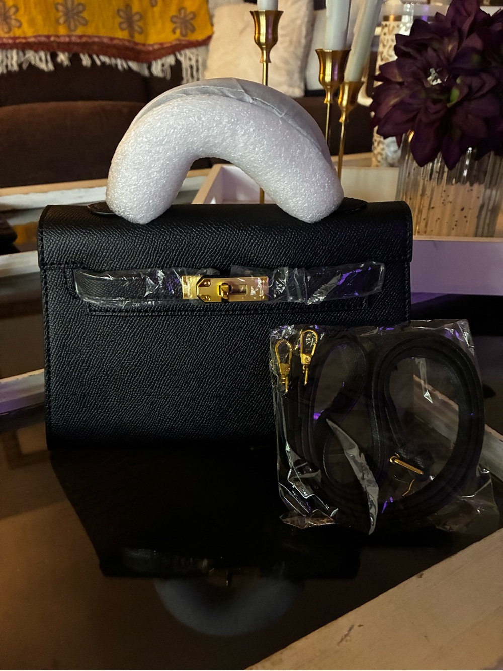 Classic Black Top-Handle Leather mini bag with Gold Hardware- designer inspired - Picture 2 of 4